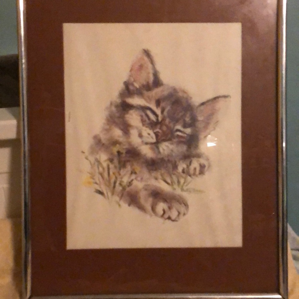Framed sleeping kitten drawing